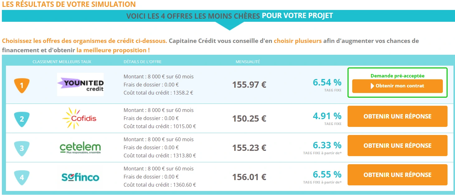 page de résultat du comparateur de crédit